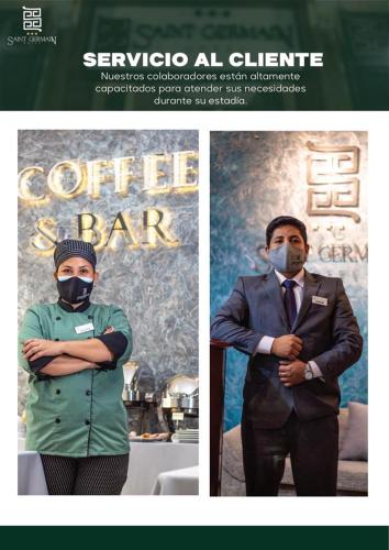 two pictures of a man wearing a mask and a movie at Saint Germain Hotel in Trujillo