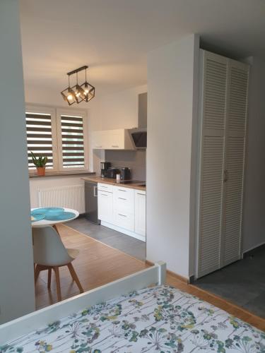 a kitchen with a table and a dining room at VILLA MILA Apartamenty in Karpacz