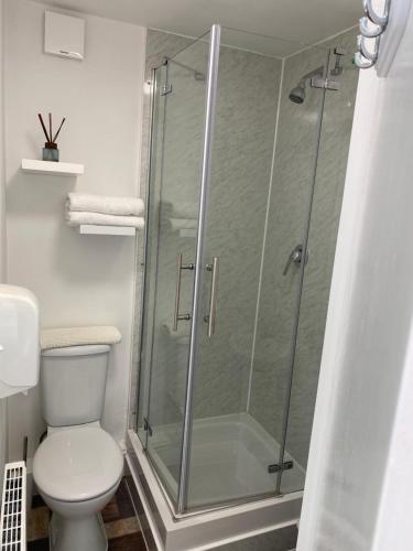 a bathroom with a glass shower with a toilet at A & B Guest House Cambridge Ltd in Cambridge