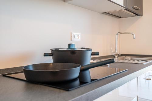 une cuisine avec évier et pot sur un comptoir dans l'établissement Appartamenti Giotto, à Sesto al Reghena