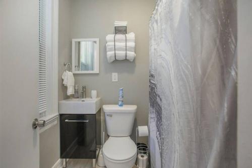 Stunning Couples Retreat - Downtown Getaway في غراند رابيدز: حمام به مرحاض أبيض ومغسلة