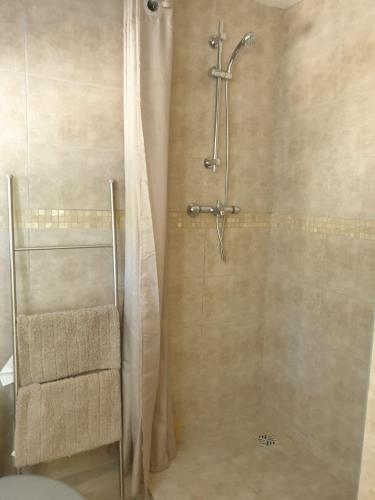 une salle de bain avec une douche avec un rideau de douche dans l'établissement Sous Les Chênes, à Saint-Martin-de-Brômes