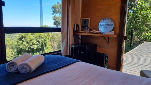 a bedroom with a bed and a large window at Casa Container 80 in Campos do Jordão