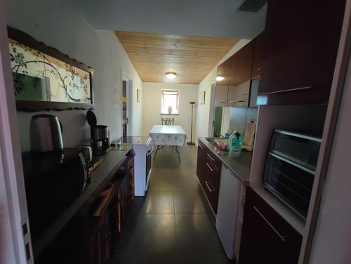 een keuken met een aanrecht, een wastafel en een aanrecht bij Le ptit Venton maison écologique pour particulier ou professionnel in La Jaille-Yvon