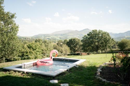 un cigno rosa in una piscina in un campo di Chambres d'Hôtes Irazabala a Espelette