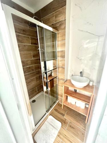 une salle de bain avec douche et lavabo dans l'établissement Le Saint Flo', à Saint-Florentin