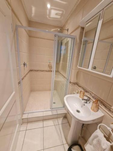 a bathroom with a shower and a sink at Luxurious Pvt Apartment , Pool, Jaccuzi & Aircons in Sandton