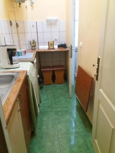 a small kitchen with a green floor in a room at Garsoniera Alegna in Sibiu