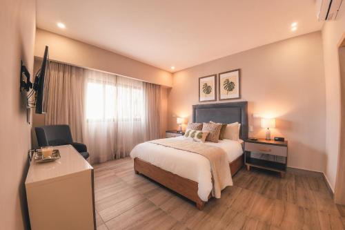 um quarto com uma cama, uma secretária e uma cadeira em Fully Serviced Apartment at Regatta Living - 3B em Santo Domingo