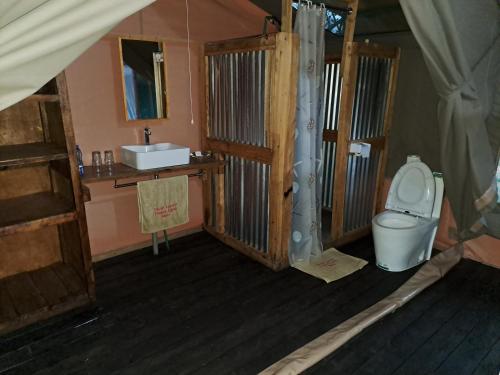 a bathroom with a toilet and a sink at Tayari Luxury Tented Camp - Mara in Sekenani