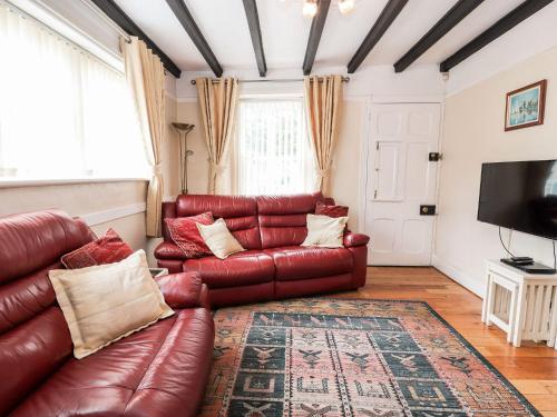 a living room with a leather couch and a television at Scotch Hall Cottage in Llangollen