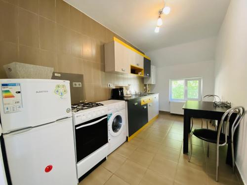 uma cozinha com um frigorífico branco e uma mesa em Central Apartment with Garden in Blaj em Blaj
