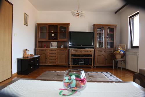 ein Wohnzimmer mit einem TV und einer Vase auf dem Tisch in der Unterkunft HSH Apartments in Sarajevo
