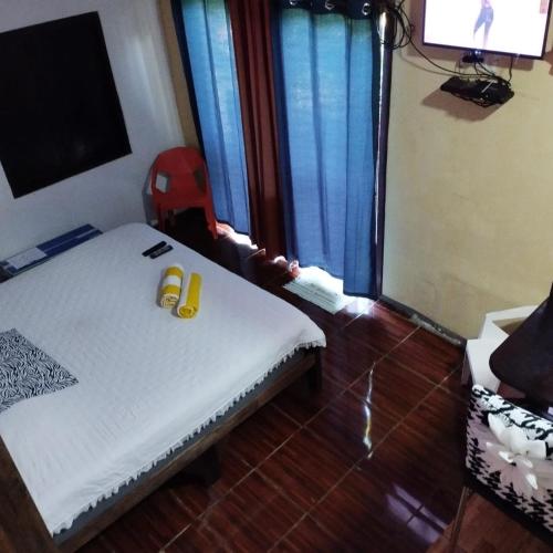 Habitación con 1 cama con silla y TV. en Casa Sol, en Sarapiquí