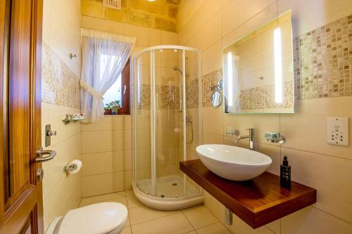 La salle de bains est pourvue d'un lavabo et d'une douche. dans l'établissement Dream by Hamlet Holiday Home, à Għasri