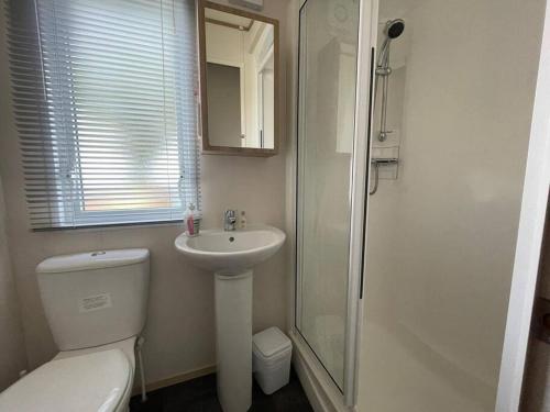 a bathroom with a toilet and a sink and a shower at 'Oakley' Boat of Garten Holiday Park in Boat of Garten