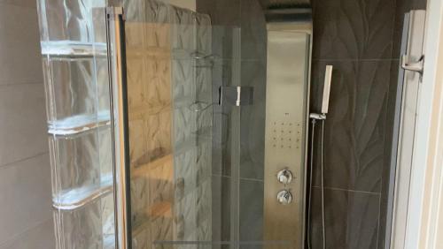 ducha con puerta de cristal junto a la ducha en Destino Deluxe Plaza De Santiago - 1 hab, en Cáceres