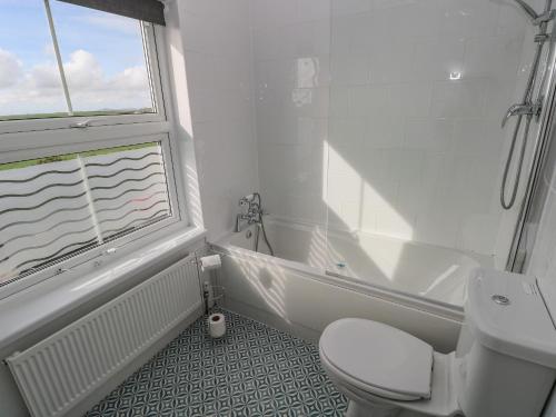 a bathroom with a toilet and a tub and a sink at Bay View Farmhouse in Haverfordwest