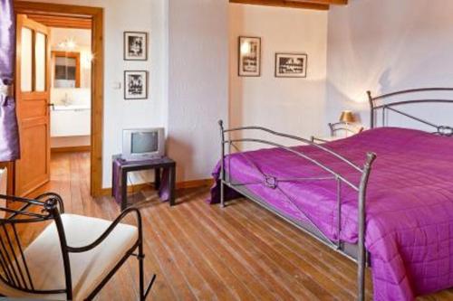 a bedroom with a purple bed and a tv at Par Hasard in Maffe