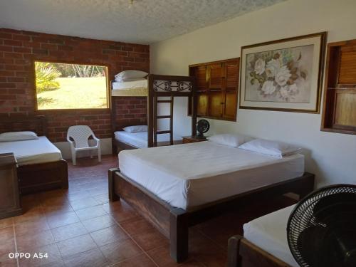 1 Schlafzimmer mit 2 Etagenbetten und einem Fenster in der Unterkunft Hostal finca Palermo in Santa Fe de Antioquia