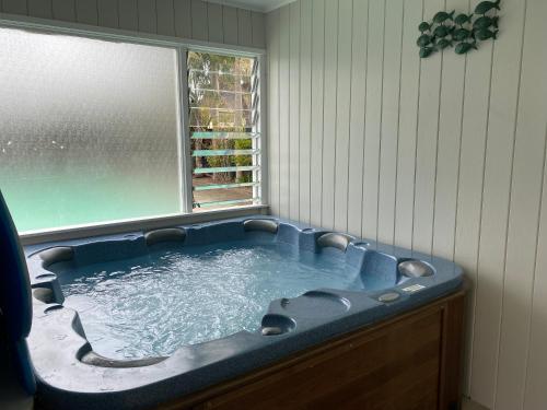 a large blue tub in a room with a window at Wayfarer Motel in Kaitaia