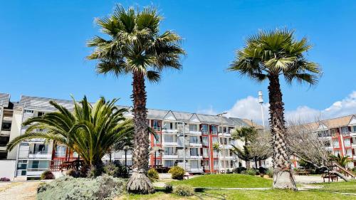 twee palmbomen voor een gebouw bij Cuatro Esquinas de Italia in La Serena