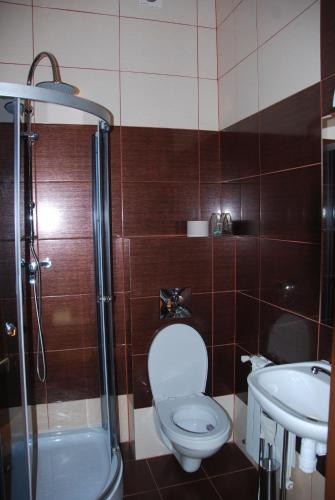a bathroom with a toilet and a sink at Noclegi u Matyldy in Marklowice