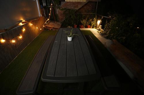 a wooden picnic table with a potted plant on it at night at Walking Island in Xiaoliuqiu