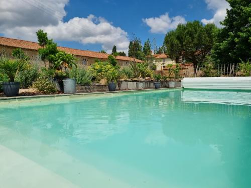 una piscina de agua azul en un patio en Château de la Cressonnière, en Antigny