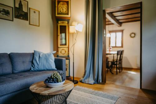 een woonkamer met een blauwe bank en een tafel bij Kellerstöckl Berg 106 in Strem