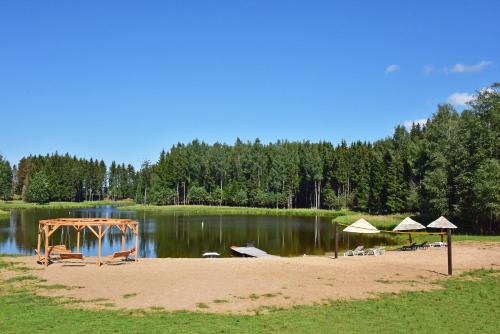 a beach with umbrellas and chairs and a lake at Auksinio elnio slėnis in Rukliai