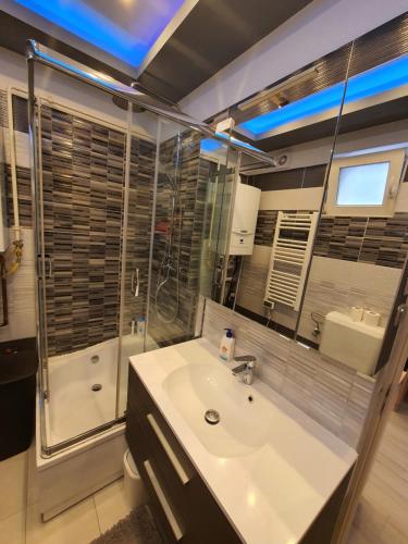 a bathroom with a sink and a glass shower at Belvárosi Exkluzív Loft in Debrecen