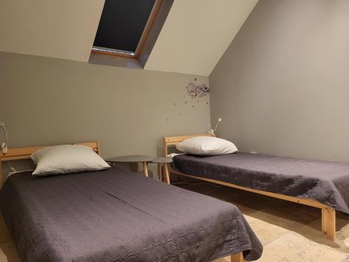 een slaapkamer met 2 bedden en een raam bij Mas de Guinot in Villeneuve