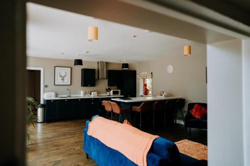 阿斯克的住宿－The Stables Apartment at Cefn Tilla Court, Usk，厨房以及带桌椅的起居室。