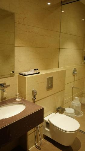 a bathroom with a toilet and a sink and a mirror at Alaukik Hotel in Shirdi