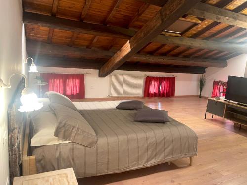 Albaspina BioAgriturismo في Monticello Conte Otto: غرفة نوم بسرير كبير وتلفزيون