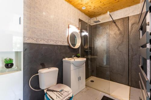 een badkamer met een toilet, een wastafel en een douche bij Maison Gaillan Medoc in Gaillan-en-Médoc