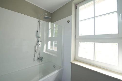 a white bathroom with a shower and a window at Naturferienhaus 2 in Mellnitz