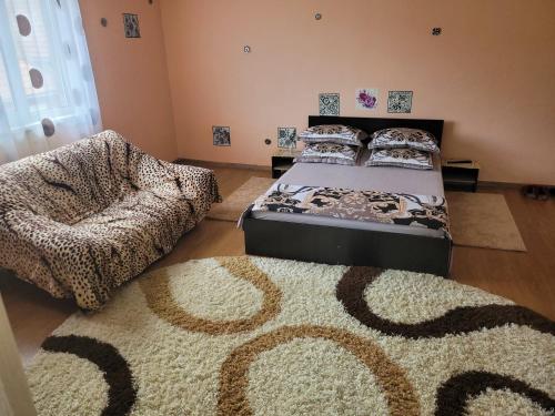 ハツェグにあるVila la Izvorul Putineiのベッドルーム1室(ベッド1台、椅子、ラグ付)