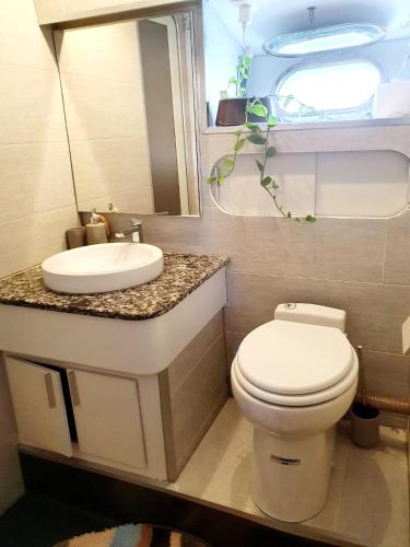 une salle de bain avec des toilettes blanches et un lavabo dans l'établissement Loc de cabines sur Yacht, à Gruissan