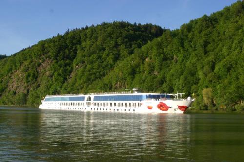 a large white boat on the water near a mountain at Gasthof-Pension Zum Haugstein - Familie Eder in Engelhartszell