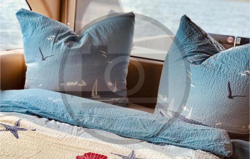 two blue pillows sitting on a seat in a car at Cozy Ship In Havelsee With Kitchen in Milow