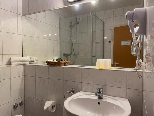 a bathroom with a sink and a mirror at Haus Sommerhof in Sindelfingen