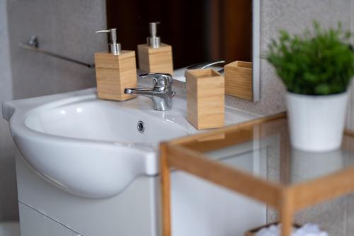 a bathroom sink with a mirror and a plant at DREAMS IN ROME - COLOSSEUM APARTMENT in Rome