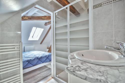 a bathroom with a sink and a bed in a room at Superbe appartement centre-ville in Nogent-le-Roi