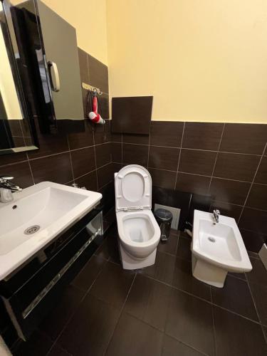 a bathroom with a toilet and a sink at DeLuxe PLAZA in Almaty
