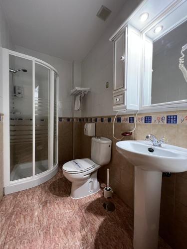 a bathroom with a toilet and a sink and a shower at Hotel Chamizo in El Arahal