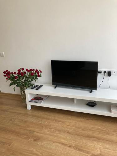 een flatscreen-tv zittend op een wit entertainment center bij Nameja Best view apartamenti in Jēkabpils