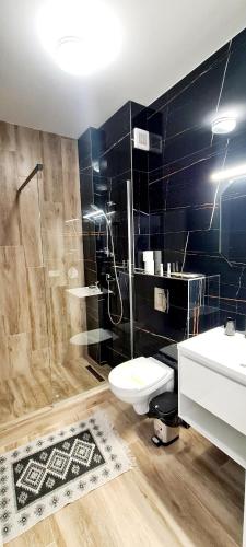 a bathroom with a toilet and a shower and a sink at Hotel B4 in Oradea