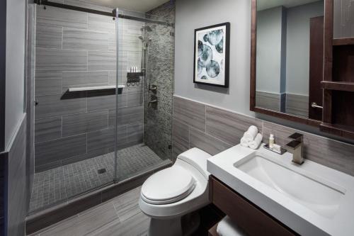 La salle de bains est pourvue de toilettes, d'un lavabo et d'une douche. dans l'établissement Hotel Indigo Flushing - LaGuardia, à Queens